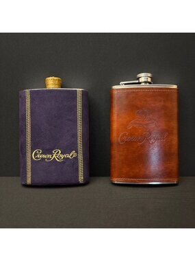 Crown Royal Leather Flask With Embossed Logo & Velvet Bag  Whiskey Accessory